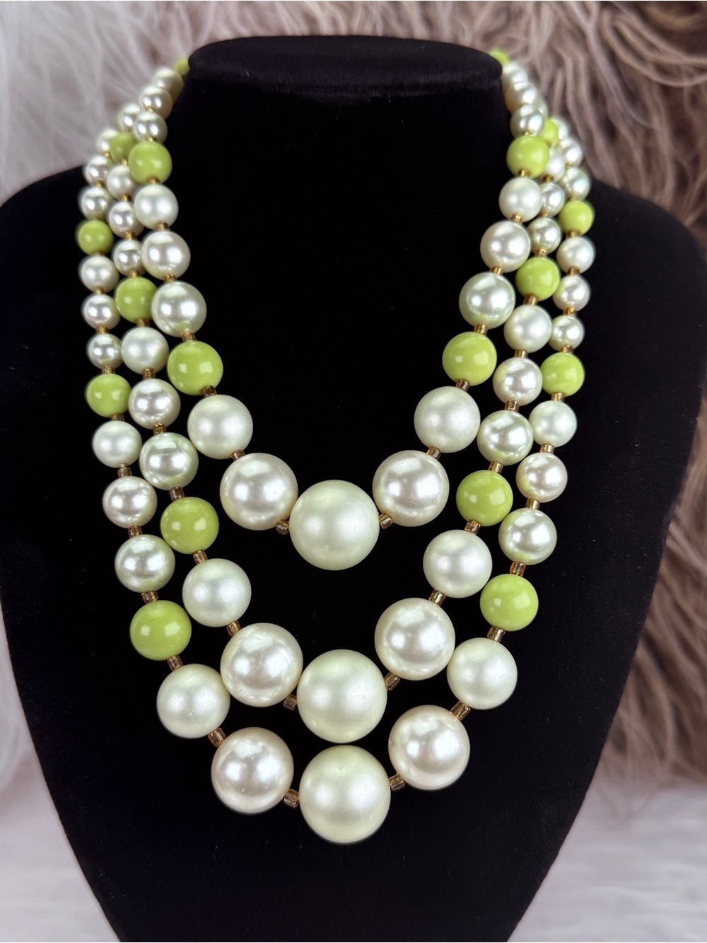 Vintage Made in Japan Lime Green Pearlized Triple Strand Statement Necklace
